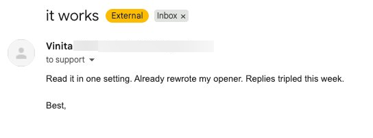 Customer email review of The Reverse Pitch Playbook